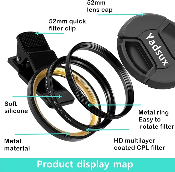 Clip On cpl Polarizing Filter for iPhone, HD Coated Phone Polarizer Lens | 4.2 stars, 144 reviews. Rotating ring for easy adjustment. Cuts water, glass & skin glare. Fits all phones. Pouch & cloth. - Image 2