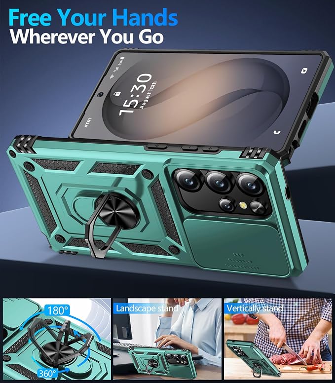 Taisairu for Samsung Galaxy S26 Ultra Case with Screen Protector & Slide Camera Lens Cover, Built-in Magnetic Ring Stand Shockproof Protective Phone Case for Samsung S26 Ultra Case (Green) - Image 3