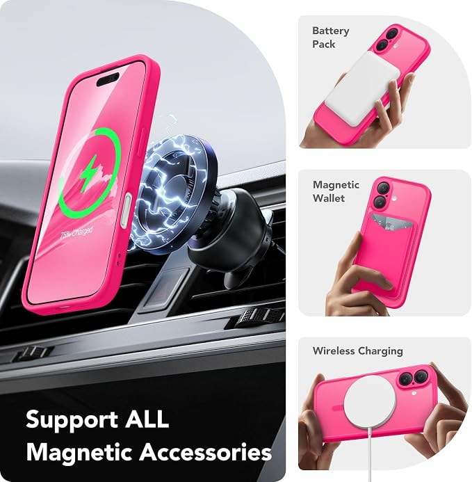 CAPRARO for iPhone 16 Case, Compatible with MagSafe Hot Pink | Upgraded [Full Camera Protection] Protective Translucent Matte Women Girl Magnetic Phone Case Cover, Hot Pink - Image 3