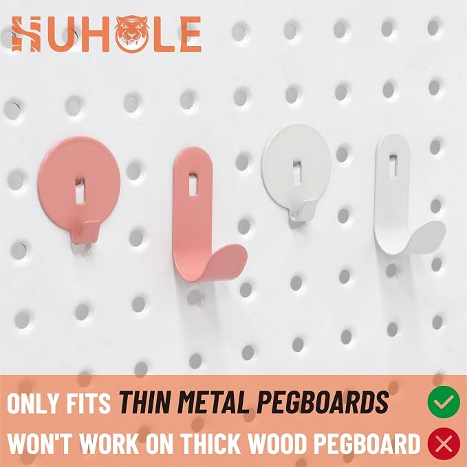 HUHOLE 20PC Pink Pegboard Clip Hooks for Thin Metal 1/4 Inch Pegboard | Picture Hangers with 10 lb Capacity, 10 Round and 10 Angled Peg Hooks for Jewelry, Crafts and Small Accessories - Image 2