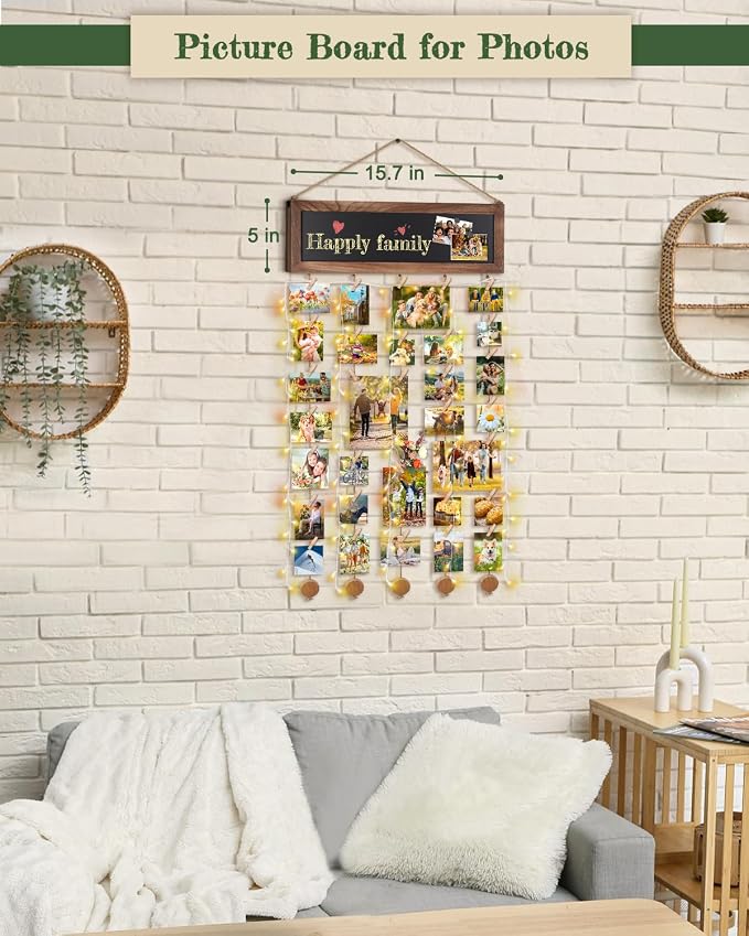 Bikoney 2-Pack Hanging Photo Display with Blackboard - Carbonized Black | Rustic Wood Collage Picture Frame with 60 Clips, Polaroid Board for Wall Decor, Dorm & Party, Perfect Graduation Gift - Image 7