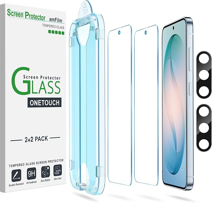 amFilm OneTouch for Samsung Galaxy S26 Screen Protector 6.3" Tempered Glass | Auto-Alignment 30s Install with Camera Lens Protector, Bubble Free, Case Friendly, Anti-Scratch [2+2 Pack] (S26-6.3'') by amFilm