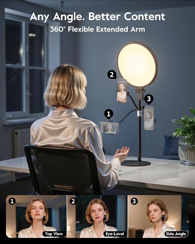 1300 Lumens Ring Light with Stand for Desk, Computer & Laptop – Podcast & Streaming Light with Flexible Phone Holder, CRI 98+ Bright Yet Soft Influencer Light for Video Recording, Conference & Calls - Image 5