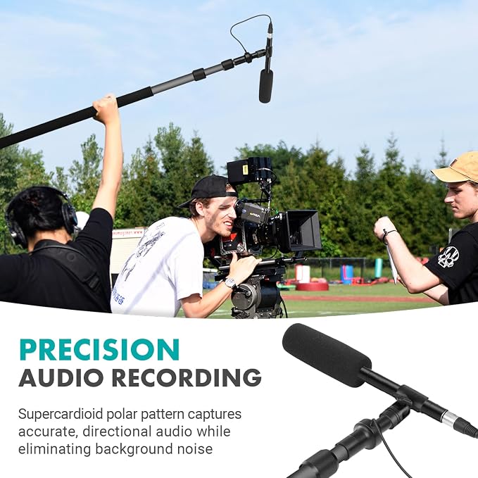 Movo XLR Shotgun Microphone & Boom Pole Kit – Professional Location Sound Recording Bundle with Shotgun Mic and Boompole with Internal XLR Cable for Filmmaking, ENG, and Broadcast Audio - Image 2