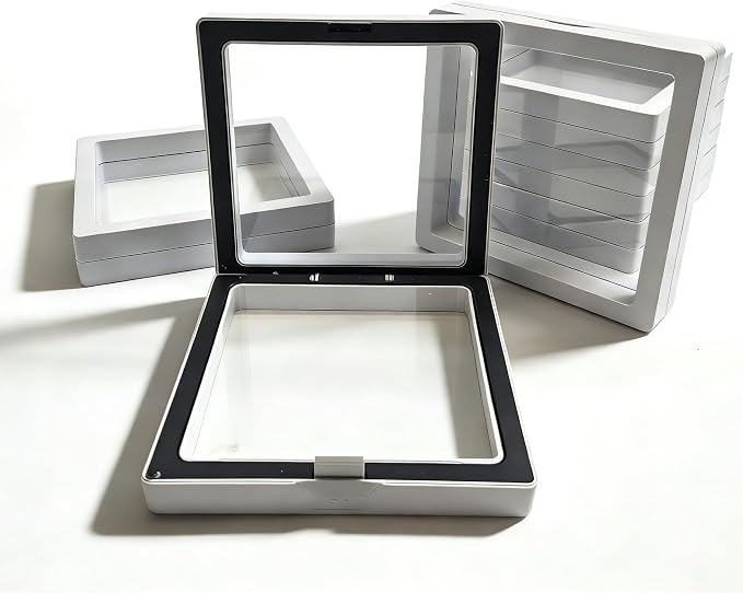 12 PCS Dual-Color Packaging Box 3D Floating Frame Display Stand, Color-Matching Packaging Display Box, Transparent Window Jewelry Case, PE Film Anti-Oxidation Storage Case. (White+Black) - Image 2