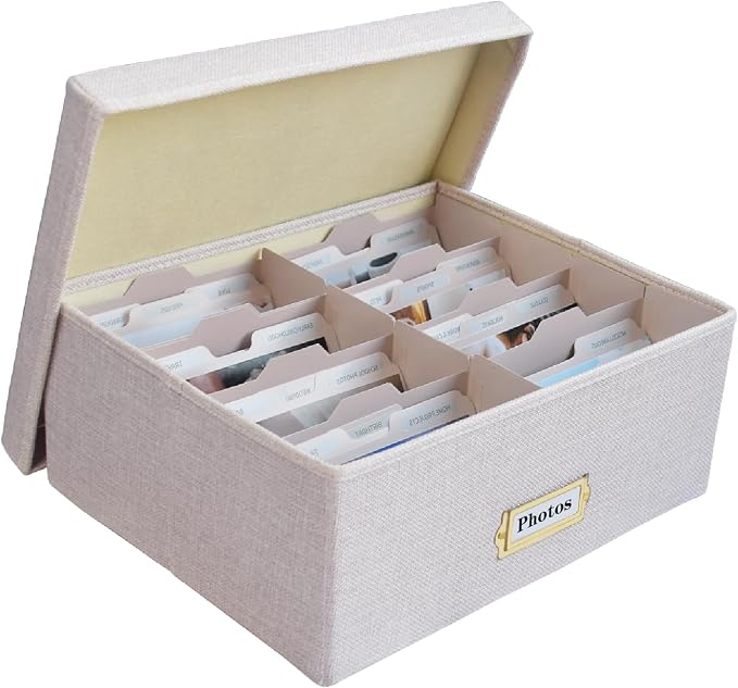 Linen Photo Storage Box – Holds 1700 Photos, Photo Organizer with Lid for Photo, Pictures, 24 Adjustable Dividers & 72 Labels Multi-Use Organizer Memory Box for Envelopes, Baby, Wedding, Cards Beige by Sprsthai