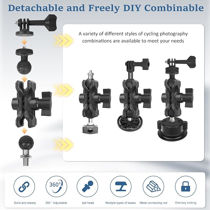 Camera Mount with 360°Dual Ball Head, Motorcycle Handlebar Mounting Bundle Kit for lnsta360 X5/X4/Gopr0 DJl Action 5/, 1/4"-20 & Tripod Adapter, Action Camera Mount Adapter for M10 Hole Base,75019 - Image 3
