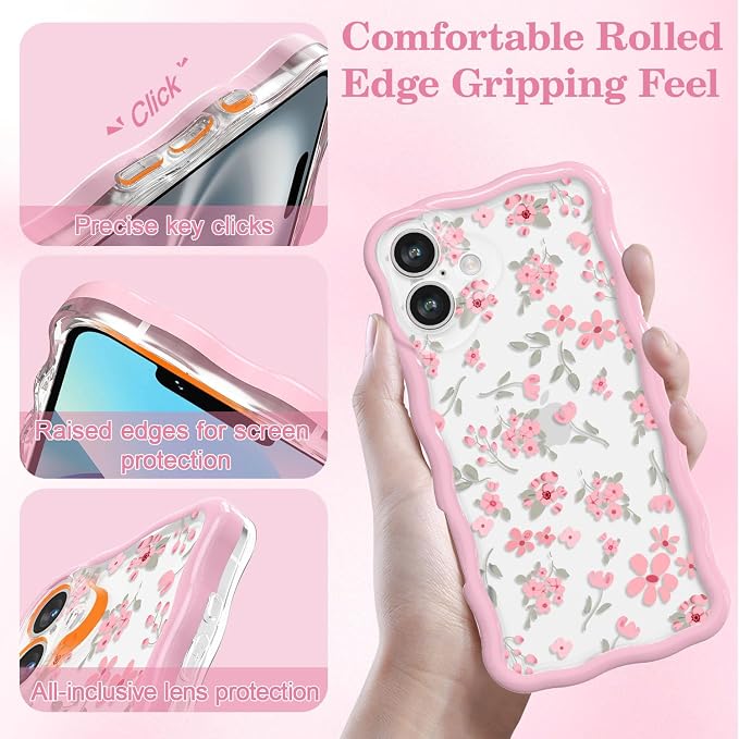 QLTYPRI for iPhone 16 Plus Pink Flower Case, Clear Cute Pink Floral Flower Phone Case Curly Wavy Aesthetic Phone Cover, Soft Slim Transparent TPU Shockproof Protective Cover for Women Girls - Pink - Image 3
