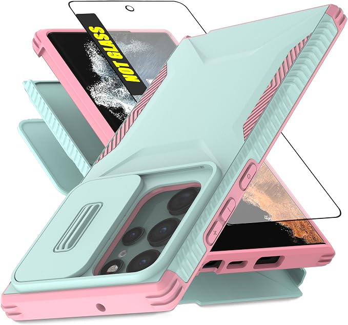 for Galaxy S22 Ultra Case with 1 HD Screen Protector & Slide Camera Cover [Military-Grade] Phone Case Heavy Duty Rugged Shockproof Protective Cover for Samsung Galaxy S22 Ultra(Cyan/Pink) by AWZHYDT