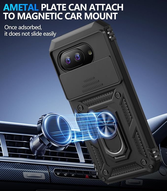 Taisairu for Google Pixel 9A Case with Screen Protector & Slide Camera Lens Cover, Built-in 360°Rotate Magnetic Ring Stand Shockproof Protective Phone Case for Google Pixel 9A Case (Black) - Image 5
