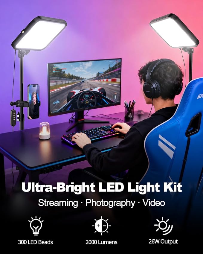 UBeesize 2-Pack LED Video Light Kit with Tripod Stand & Phone Holder | Ultra-Bright 3000-Lumen Dimmable Studio Lights for Live Streaming, Video Recording, Makeup, Gaming, YouTube and Photography - Image 2