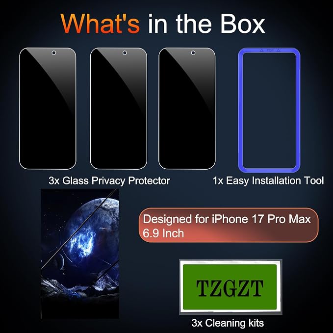 TZGZT Privacy Screen Protectors for iPhone 17 Pro Max, Tempered Glass, HD | 3 Pack, 9H+ Military Grade Shatterproof, Easy Installation, Bubble Free, Case Friendly, Dynamic Island Compatible - Image 2