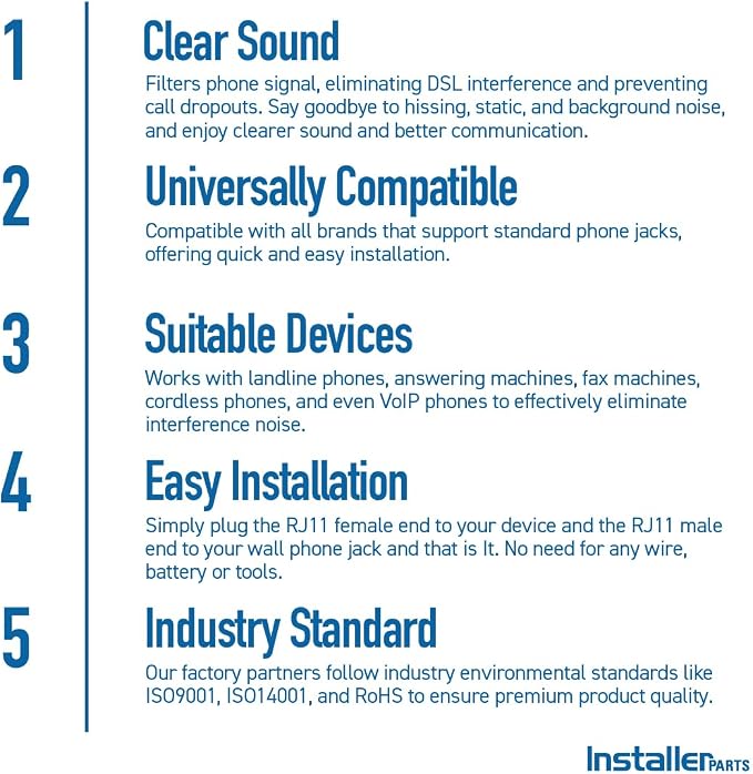 InstallerParts DSL Modem Phone Filter - for Interference Elimination and Static Noise Blocker | for Answering Machine, Fax Machine, Telephones Landline Cordless | 5 Pack, White DSL Phone Filter - Image 6