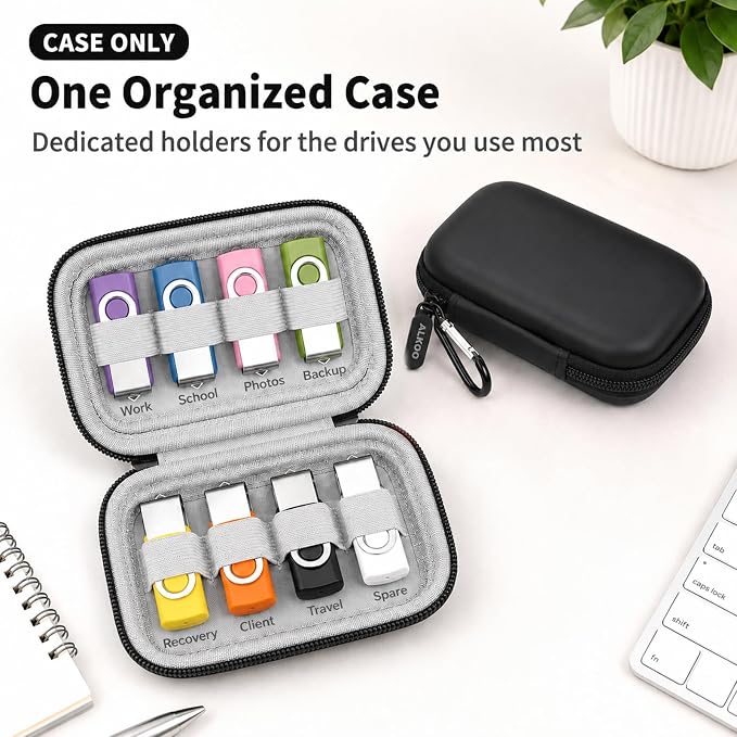ALKOO Flash Drive Case USB Storage Case, Thumb Drive Holder, Holds 8, Black | Hard Shell, 8 Elastic Slots for USB Drives and SD/Memory Cards, Portable Travel and Office Organizer, Case Only, Black - Image 4