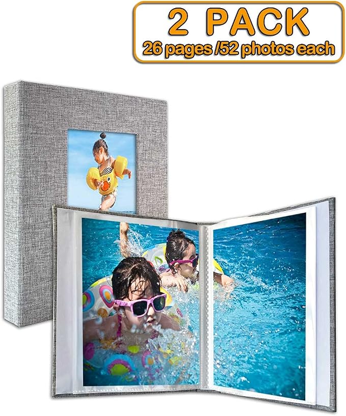 GPIRAL Small Photo Album 5x7 – 2 Pack, Each 26 Clear Pages Hold 52 Pictures. Album for 5x7 Photos, Artwork, Drawings, Linen Cover with Front Window, Grey Fabric - Image 3