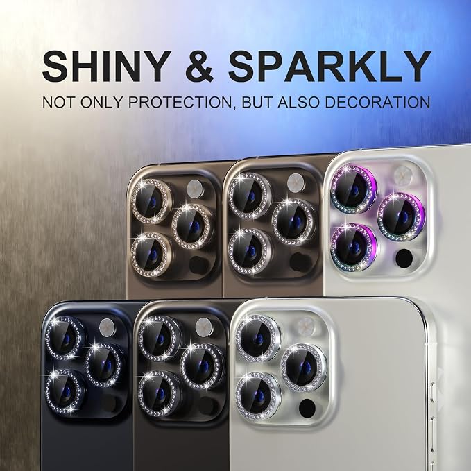 Choiche for iPhone 15 Pro/iPhone 15 Pro Max Camera Lens Protector | Ultra HD, Bling 9H Tempered Glass Camera Cover Screen Protector Metal Ring Decoration Accessories (Diamond-Silver) - Image 7