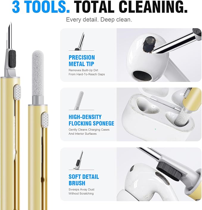 Hyashee Cleaner Kit for Airpods Pro 1 2 3 Multi-Function Cleaning Pen with Soft Brush Flocking Sponge for Bluetooth Earphones Case Cleaning Tools (Yellow) - Image 5