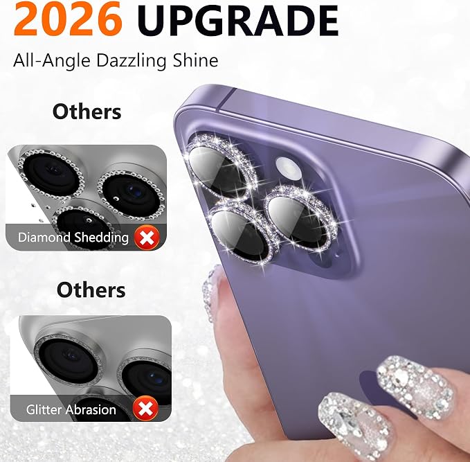 YWXTW [All-Over Glitter Camera Lens Protector for iPhone 17 Pro Max/17 Pro/16 Pro Max/16 Pro/15 Pro Max/15 Pro/14 Pro/Max, 9H Tempered Glass Camera Cover, Anti-Scratch Case Friendly (Deep Purple) - Image 2