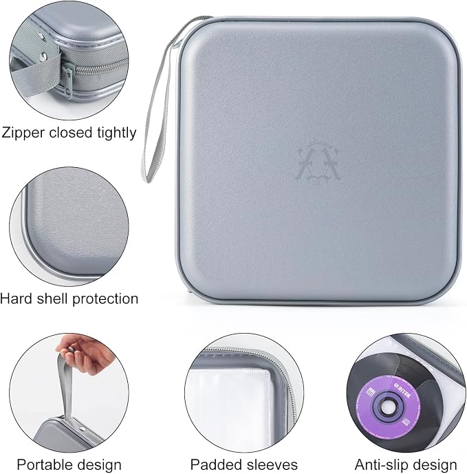 alavisxf xx CD Case, 48 Capacity Hard Plastic Zipper Disc Wallet for Car | Portable Hand Strap, Zipper Closure, Anti-Slip Scratch-Resistant Sleeves, DVD Storage Organizer, for Home Office Travel - Image 3