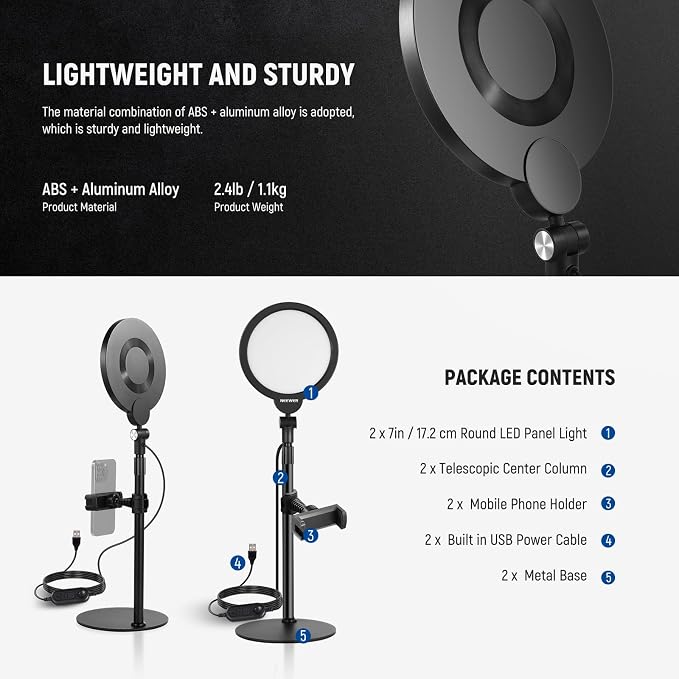 NEEWER Basics 2 Pack 7" Desktop Ring Lights for Video Recording, 10W Dimmable Full Screen Key Lighting with Desk Stands & Phone Holders for iPhone Computer Laptop Vlog Streaming Video Conference, R06 - Image 8