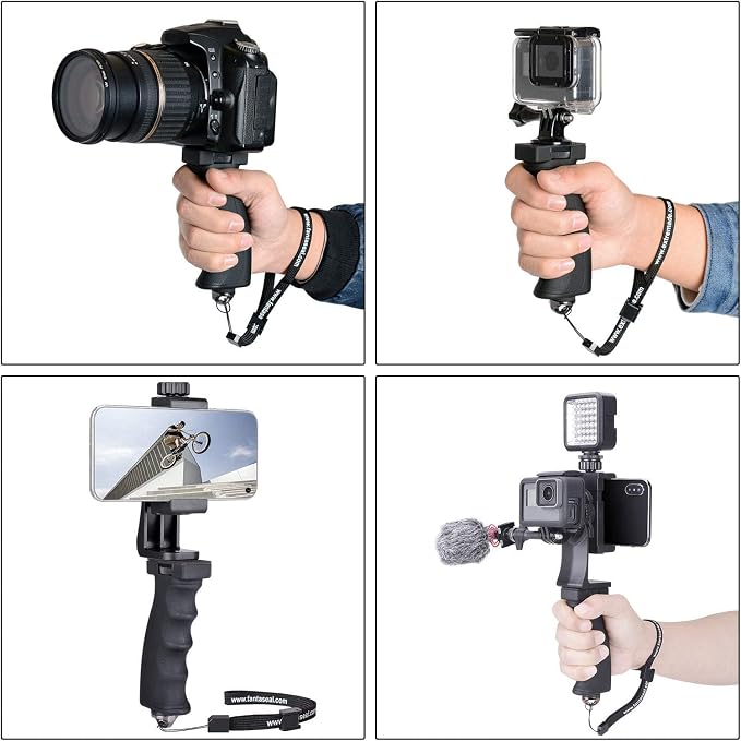 2in1 Ergonomic Portable Action Camera+Smartphone SYN Hand Grip Stabilizer Combo Mount Video Vlogging Rig Holder Kit for GoPro iPhone Interview Travel YouTube Tiktok Streaming-Mic+Light Adapter - Image 5