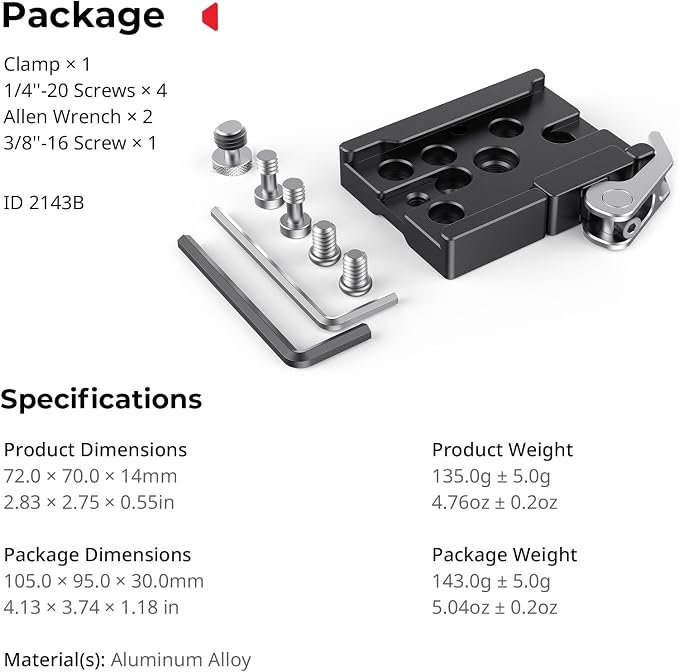 SMALLRIG Quick Release Mount Plate Clamp for Arca-Type, Lightweight Clamp | Baseplate Clamp with 1/4''-20 Threaded, 3/8''-16 Threaded and Lever - Image 7