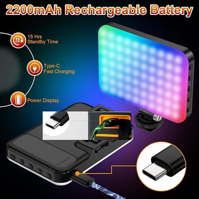 Hagibis RGB Video Light, 360° Full Color Selfie Light LED Camera Light with 3 Cold Shoe Mounts/CRI 97+/20 Scene Modes/2200mAh Rechargeable Portable Phone Light Photography Selfie Lighting - Image 2