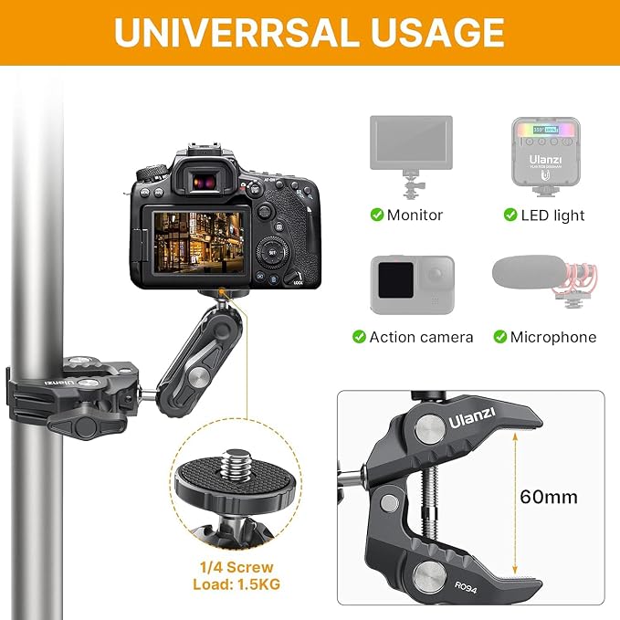 UURig R094 Super Clamp, Multi-Functional Camera C Clamp Mount | 1/4" Ball Head Monitor Mount 3/8" Hole Adjustable Video Shooting Compatible with DJI Pocket 3&4/Insta 360x5/Monitor/Light/Mic - Image 3