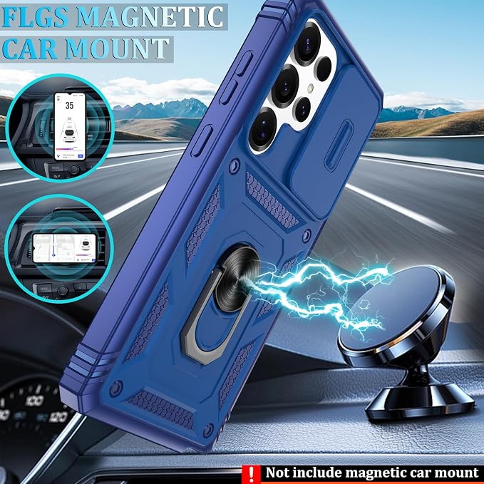 Gritup Fit for Samsung Galaxy S25 Ultra Case with Slide Camera Cover | 2 Pcs Screen Protector, Build in 360° Rotating Ring Kickstand, Military Grade Protective Phone Case, Blue - Image 6