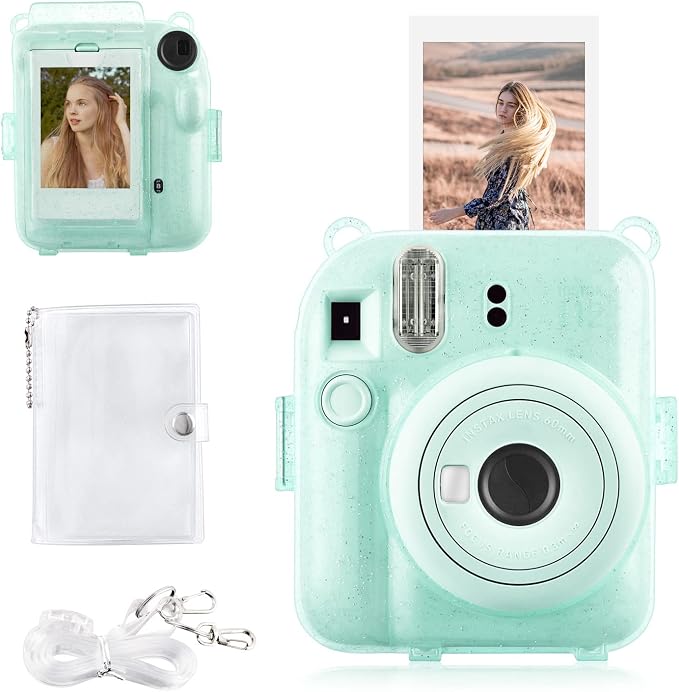 Rieibi Clear Case Compatible with Fuji Instax Mini 12 - Glitter Case Bag for Fujifilm Instax Mini 12 Instant Camera with Back Pocket, Strap and Photo Album - Glitter Green by Rieibi