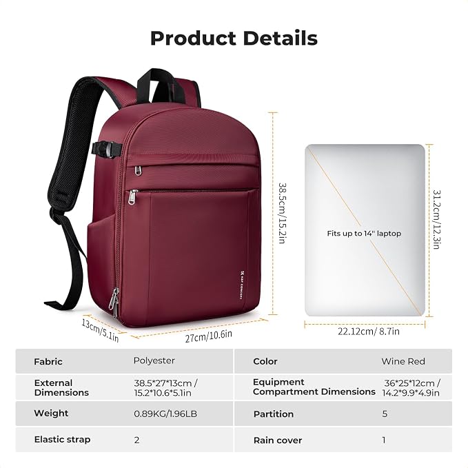 K&F CONCEPT Camera Backpack, DSLR/SLR/Mirrorless Photography Camera Bag | 14in Laptop Compartment & Rain Cover, 600D Fabric for Travel & Daily, Men & Women, Dual-Mode Detachable Dividers, Red, B19 - Image 3