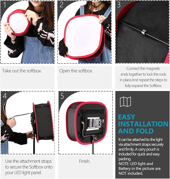 NEEWER Foldable Softbox Light Box with Strap Clip, Grill and Carry Bag | Compatible with NEEWER 480/660/530 LED Light Panels, Opening 9.3 x 8.3 in, Black + Red - Image 5