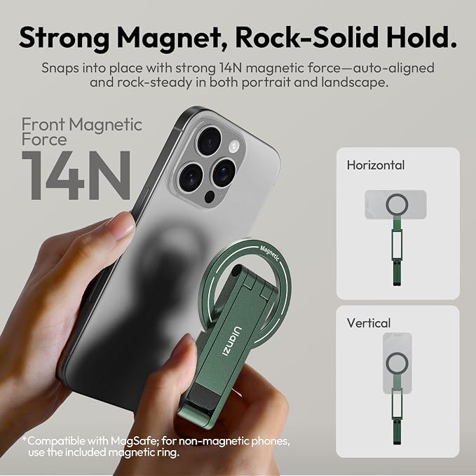 ULANZI MA60 Phone Tripod for Magsafe, Aluminium Mini Phone Stand Green | Pocket Size Cell Phone Stand, Foldable Selfie Stick for iPhone, Strong Magnet Quick Mount for iPhone 16 15 14 13 12 - Image 4
