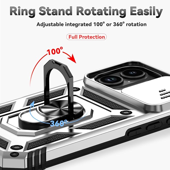 SunStory Compatible with iPhone 17 Case with HD Screen Protector & Slide Camera Cover & Rotated Ring Kickstand, [Military-Grade] iPhone Case for iPhone 17, Silver - Image 4