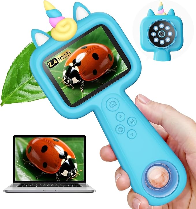 Kids Microscope, 2.4" Screen Handheld Digital Microscope 600X with 4K Camera & 8 LED Lights, Portable Pocket Microscope for Bugs Plants Nature Exploration, STEM Science Toy Gift Ages 3-12（Blue） by CareYou