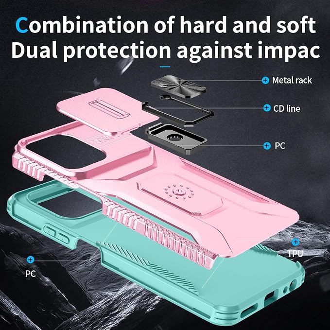 for Moto G 5G 2025 Case,with Sliding Camera Lens Cover,HD Screen Protector,360° Rotating Ring Kickstand,AYMECL Military-Grade Shockproof Protective Cover for Motorola Moto G 5G 2025,Pink+Turquoise - Image 5