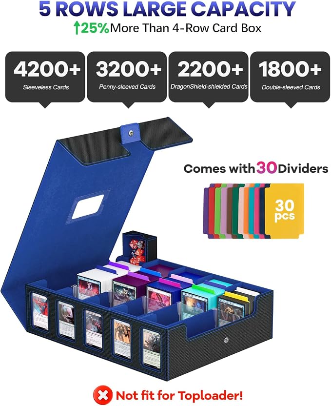 5 Row Trading Card Storage Box, Fit 4200+ Sleeveless Cards, Black & Blue | Large Capacity, Portable Handle, Include 30 Divider, 8 Supporters, 1 Dice Tray, Compatible for MTG/TCG/Magic Sports Cards - Image 2
