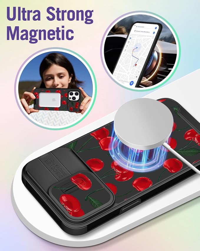 Buleens for iPhone 15 Pro Max Case 6.7 Inch - with Ring Stand & Camera Cover Aesthetic Cute Designed Women Girls Girly Kawaii Pretty Cherry Phone Case for iPhone 15 Pro Max Compatible with Magsafe - Image 4