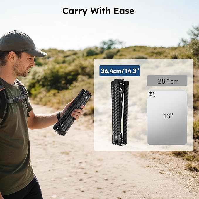 SIRUI Traveler Air Carbon Fiber Travel Tripod, KV-5 Fluid Head, 61" | 1.33kg Lightweight, 360° Pan, -80° To 90° Tilt, 2s Quick Release Leg, Reversible Column, Max Load 5kg - Image 2