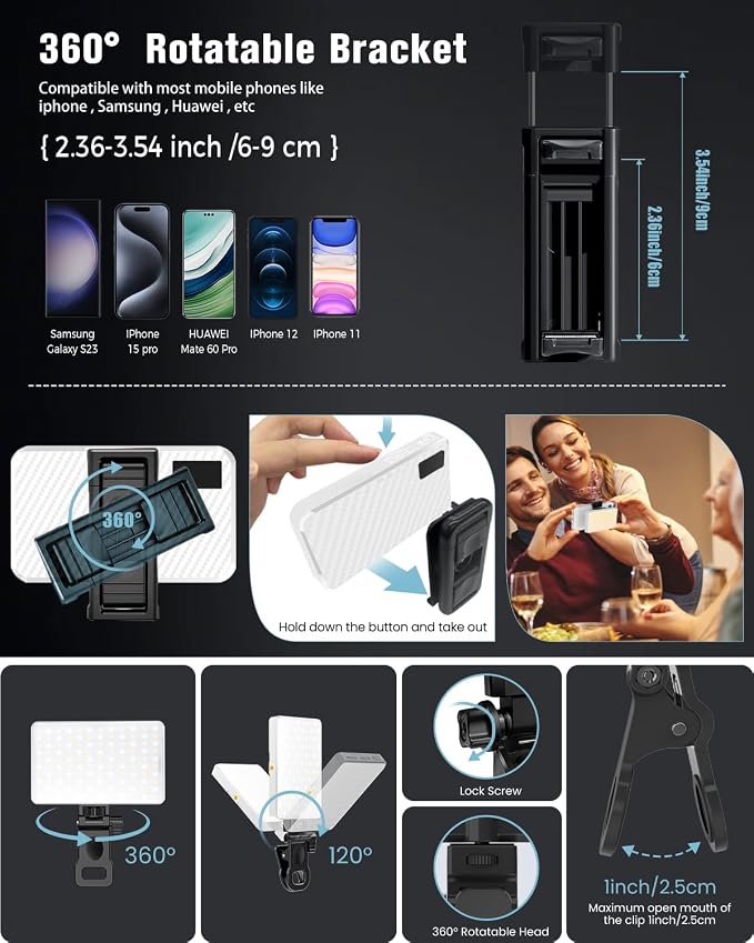168 LED Portable Selfie Light Video Conference Light with Front & Back Clip, Rechargeable 3 Light Modes for Phone, iPhone, Android, iPad, Camera, Laptop, Makeup, Tiktok, Vlog(White) - Image 6