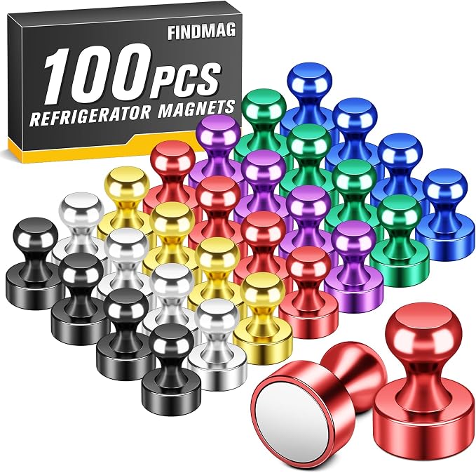 FINDMAG Fridge Magnets, Refrigerator Magnets, 100 Pack, Colorful | Magnetic Push Pins for Office, Kitchen, Whiteboard and Classroom, Photos Display, Accessories Decorative, Reusable Design by FINDMAG