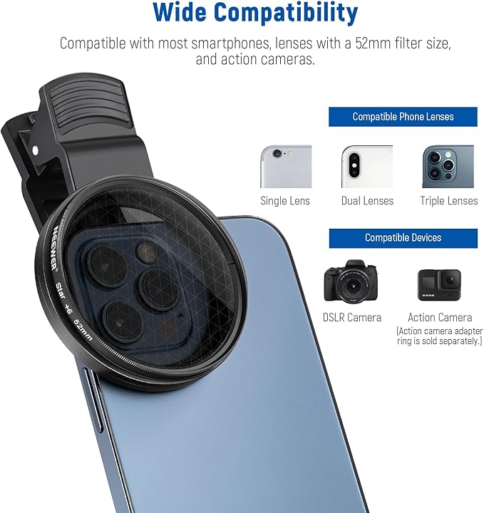 NEEWER 52mm ND CPL Star 4 Graduated Color Filter Set with Phone Lens Clamp | Compatible with iPhone 17 16 16e 15 14 Pro Max Plus Canon Nikon Sony Camera - Image 6