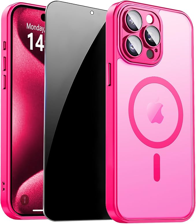 for iPhone 15 Pro Max Case with Privacy Screen Protector, Hot Pink | Full Camera Protection, Translucent Matte Magnetic, Compatible with MagSafe, Shockproof Phone Cover, Slim Fit Women/Girls by ZOZDOKG