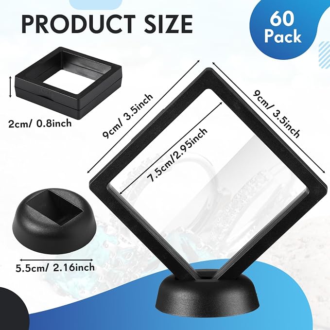 FairySandy 60 Pcs Floating Display Case Box, 3.5 Inch, Black | 3D Floating Frames with PE Film for Challenge Coin, medal, Jewelry Storage Box, Small Display Holder, Stand Base Included - Image 2