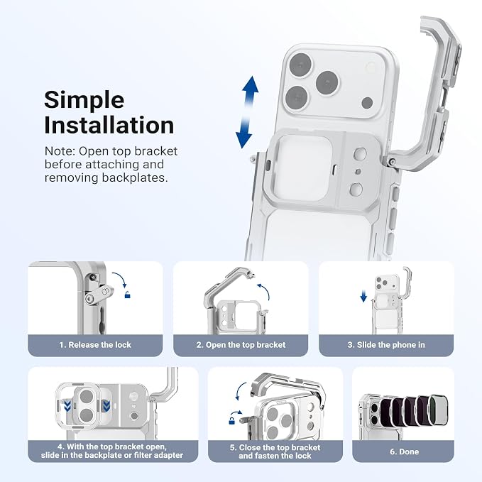 NEEWER ND Filter Set for PA143/PA144 Phone Cage Only, ND8/16/32/64 + Black Diffusion 1/4 Filter for Mist Cinematic Effect + Magnetic Backplate, Compatible with iPhone 17 Pro/17 Pro Max, Silver - Image 3