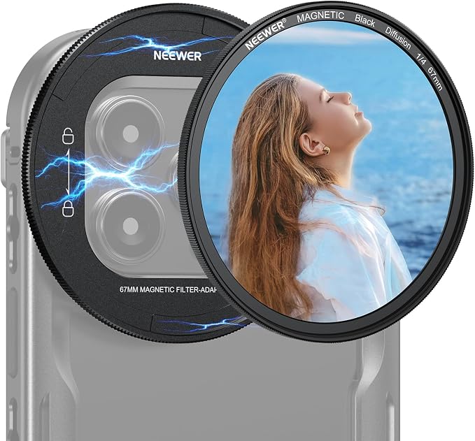 NEEWER 67mm Magnetic Multicoated HD Black Diffusion 1/4 Filter for Mist Cinematic Effect + Magnetic Filter Backplate Adapter, Compatible with iPhone 16 Pro/16 Pro Max Phone Cage (PA073/PA074) by Neewer