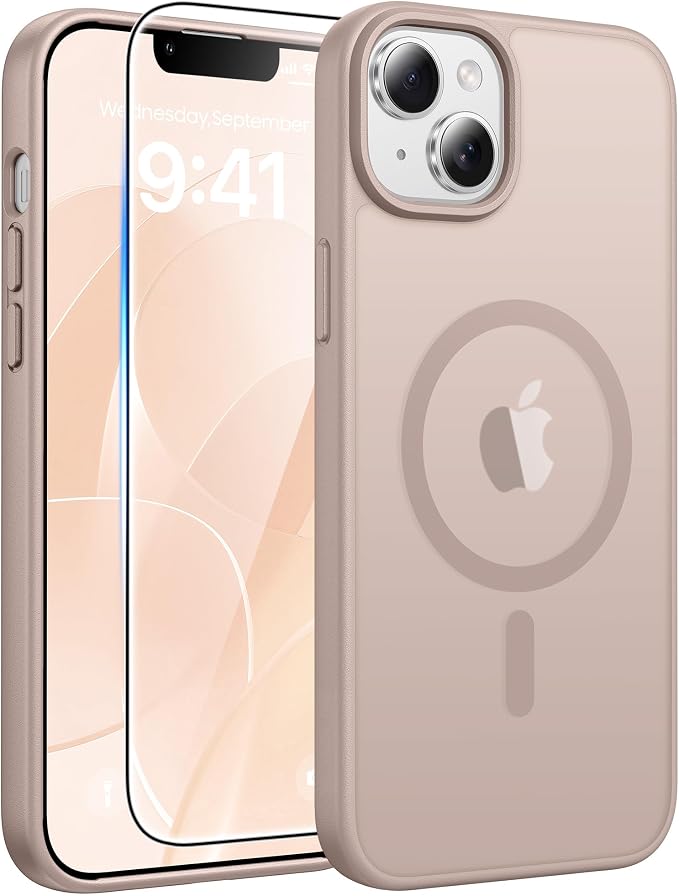 FNTCASE for iPhone 15/14 Plus Case, Fit for Magsafe, Screen Protector | Translucent Matte Magnetic Back, 14FT Military Grade Drop Protection, Shockproof Protective Phone Cover, Desert Gold by FNTCASE