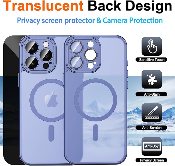 for iPhone 15 Pro Case with Privacy Screen Protector, Light Blue | Full Camera Protection, Translucent Matte Magnetic, Compatible with MagSafe, Shockproof Phone Cover, Slim Fit - Image 2