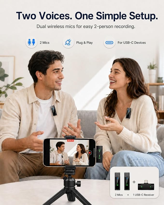Wireless Lavalier Microphone for iPhone/Samsung/Android, 2 Mics, USB-C Port | 2 Clip-On Mics with Noise Reduction, 34h Using Time with Charging Case, 48kHz Audio 66ft Range for Video Recording USB C - Image 2