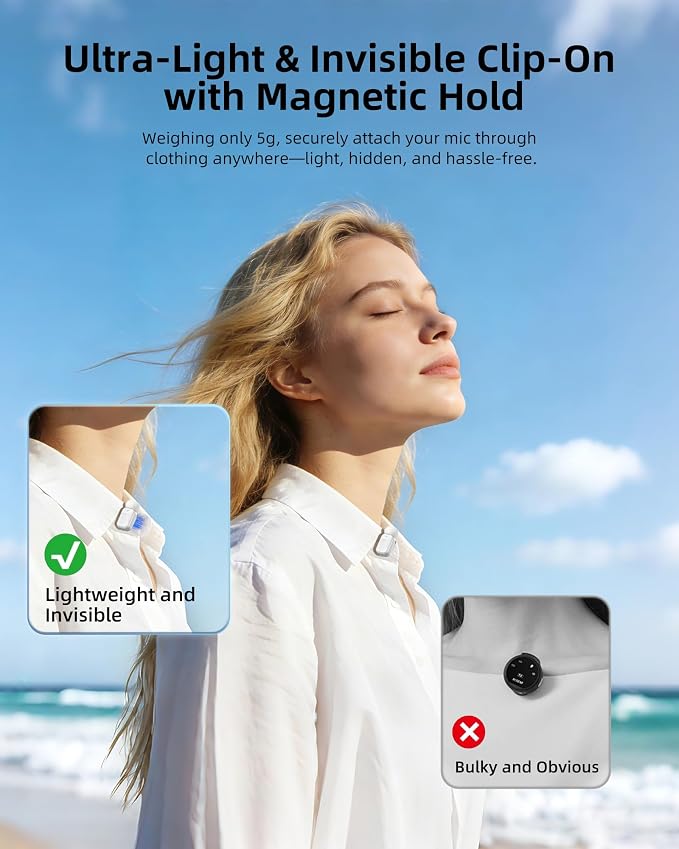 mini 2 Wireless Lavalier Microphones for iPhone 16/17 & Android, AI Noise Cancellation, App Control, 30H Battery with Charging Case, Lapel Microphone Wireless for Video Recording White - Image 7